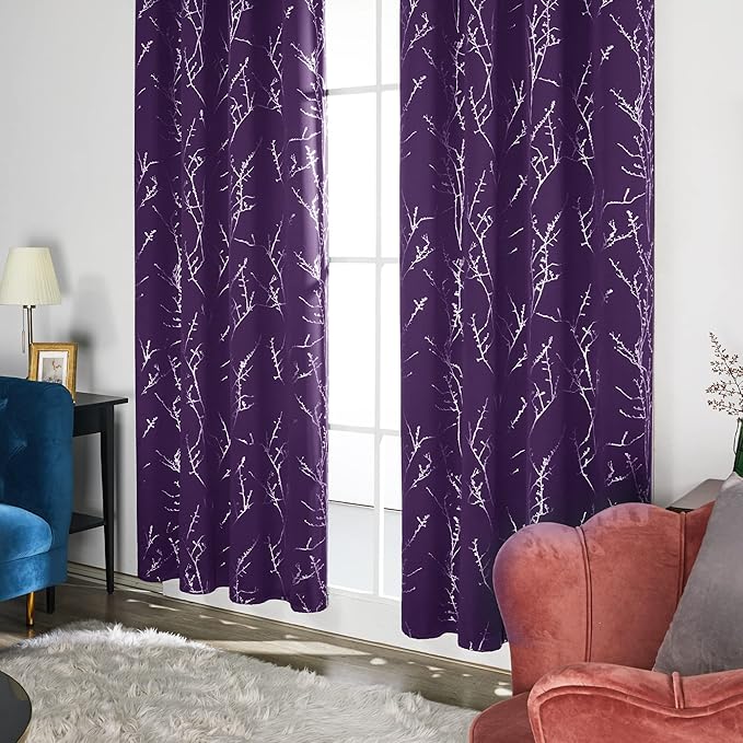 Deconovo Blackout Curtains for Bedroom, Purple Curtain, Thermal Insulated Soundproof Grommet Drapes, Silver Tree Print, 52 x 84 Inch, 2 Panels, Machine Washable Window Panel for Living Room Nursery