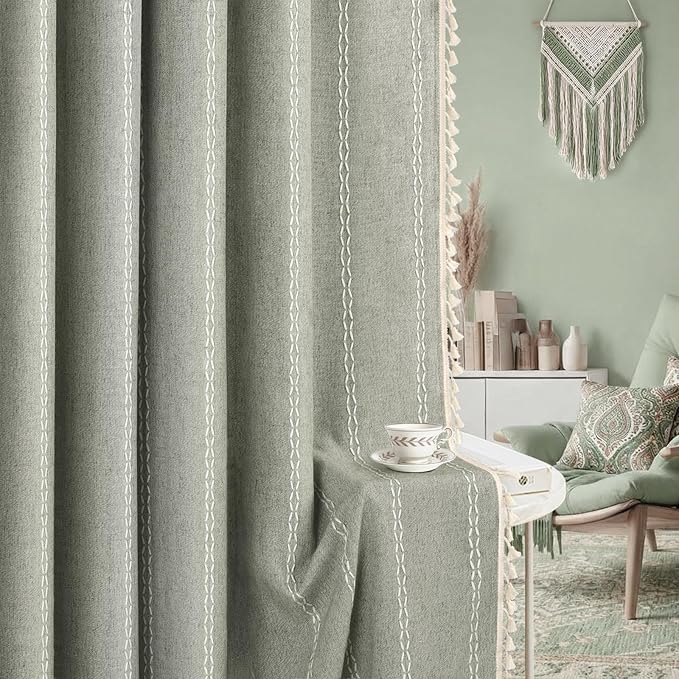Sage Green Boho Blackout Curtains 2 Panels 84 Inch for Living Room Bedroom, Linen Texture Farmhouse Curtains with Tassels and White Cotton Embroidery Vintage Rustic Country Western