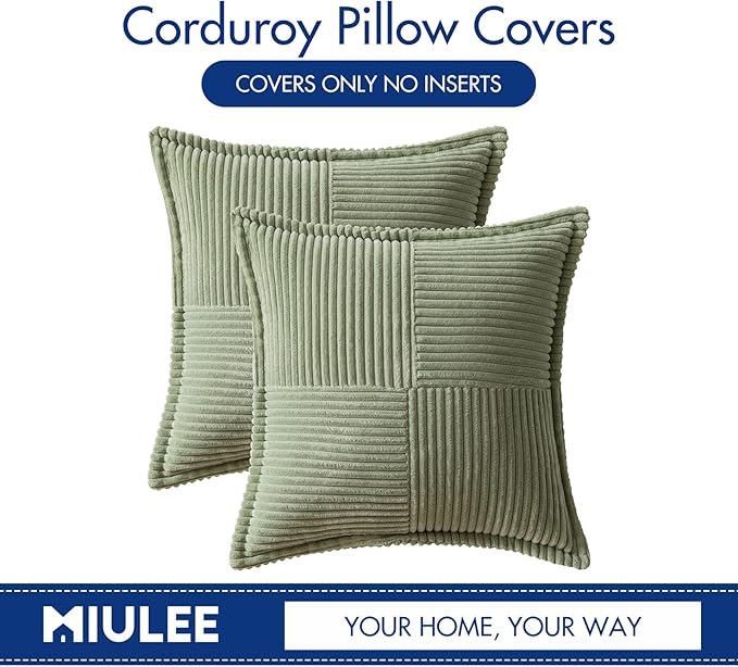 MIULEE Sage Green Corduroy Decorative Euro Sham Pillow Covers 24x24 Inch with Splicing Set of 2 Soft Boho Pillow Covers Broadside Textured Summer Pillowcases for Couch Bed Livingroom