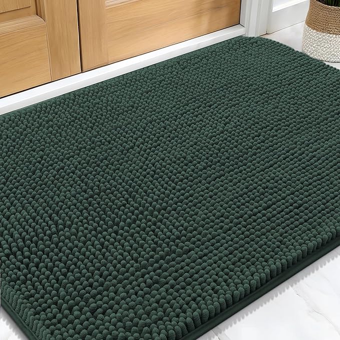 OLANLY Dog Door Mat for Muddy Paws 32x20, Absorbs Moisture and Dirt, Absorbent Non-Slip Washable Doormat, Quick Dry Chenille Mud Mat, Entry Indoor Entryway Carpet for Inside Floor, Blackish Green