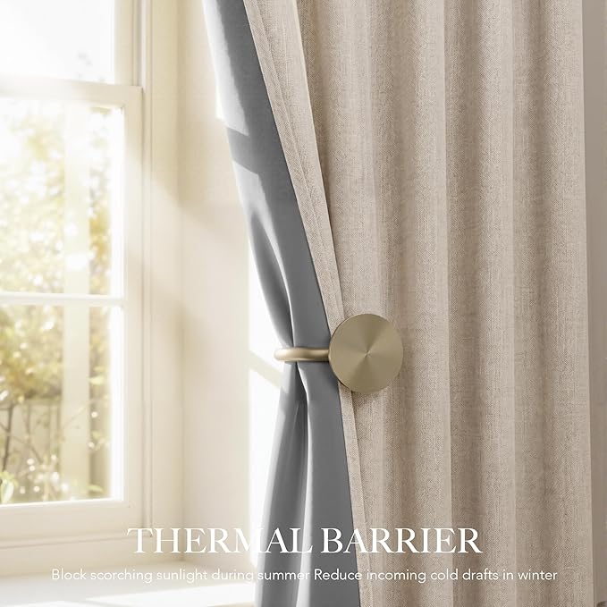 RYB HOME Warm Sand 100% Blackout Curtains for Bedroom, Linen Drapes Back Tab&Rod Pocket, Thermal Insulated Privacy Assurd Curtains for Sliding Glass Doors/Dining/Living Room, W52 x L90, 2 Panels