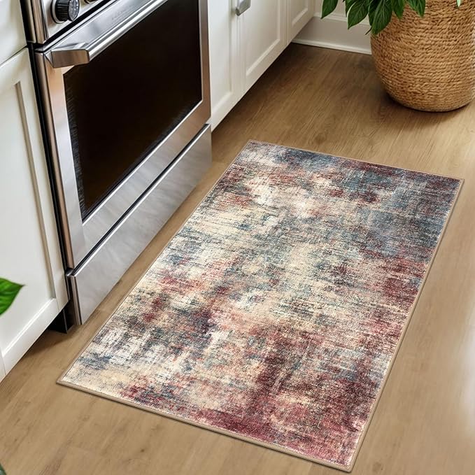 IOHOUZE Small Abstract Area Rug 2x3 Ft Entryway Rugs Washable Door Mat Indoor Entrance, Rubber Backed Throw Rugs, Printed Faux Wool Non Slip Floor Carpet for Foyer Front Door Sink, Red/Multi