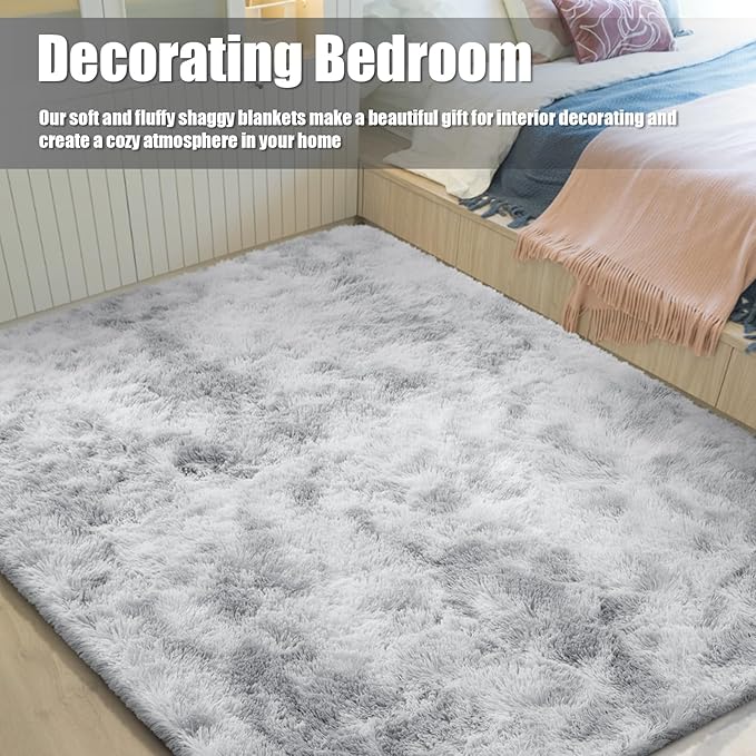 Shag Area Rug for Bedroom 5x8,Tie-Dyed Grey Fluffy Area Rugs for Living Room,Soft Fuzzy Rug Non-Shedding Indoor Plush Carpet for Kids Bedroom Nursery Dorm Home Decor