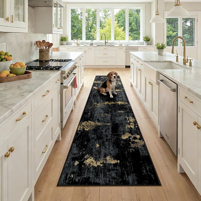 Washable Area Rugs 2x9 Non-Slip Modern Abstract Soft for Living Room Entryway Bedroom Nursery, Print Pattern, Dark Black Gold