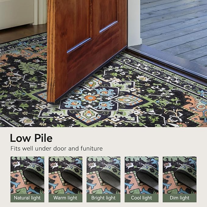 5x7 Area Rugs, Vintage Washable Area Rug for Living Room, Floral Boho Area Rugs for Bedroom, Office, Non-Slip Colorful Rug, Traditional Vintage Style, Plush Low-Pile Soft Carpet, Dark Green