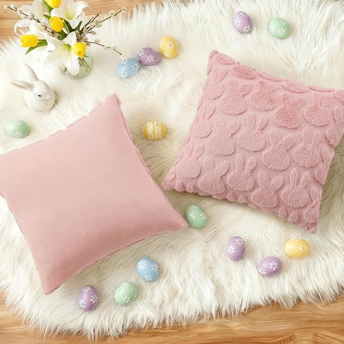 decorUhome Easter Bunny Pillow Covers 18x18 Inch Set of 2, Soft Plush Faux Wool Jacquard Pink Rabbit Cushion Covers, Farmhouse Neutral Spring Easter Holiday Decor for Couch Sofa Bed
