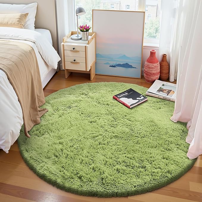 OLANLY Grass Green Round Rugs for Bedroom - Machine Washable, 4 ft Circle Area Rugs for Living Room, Soft and Fluffy Shaggy Carpet for Teen Girls and Boys, Nursery Rooms, Dorms, Home Decor Aesthetic
