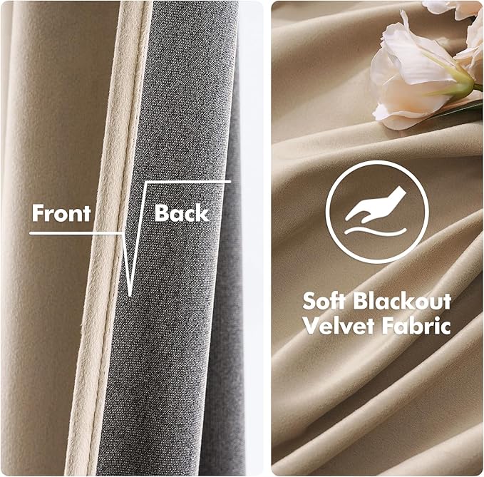 MIULEE 2 Panels Blackout Velvet Curtains Solid Soft Grommet Camel Beige Curtains Black Out Thermal Insulated Soundproof Room Darkening Drapes/Panels for Living Room Bedroom 52 x 96 Inch Length