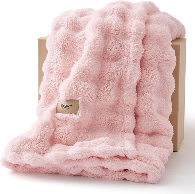 Bedsure 3D Fleece Bubble Blanket for Couch - GentleSoft Pink Throw Blanket for Sofa Bed Room Decor - Luxury Soft Cozy Gifts for Kids Girls, Lightweight, All Seasons, Pink, 50"×60"