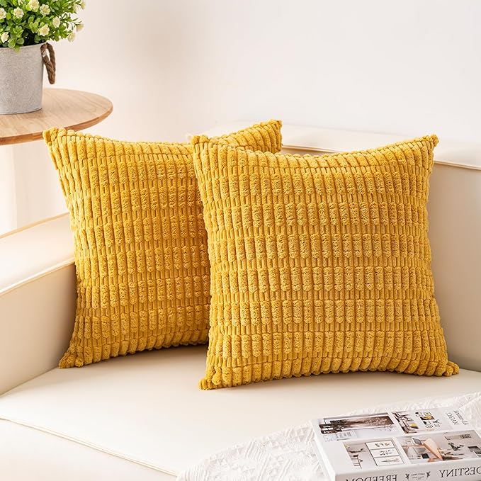 Pack of 2 Corduroy Decorative Throw Pillow Covers 24x24 InchSoft Striped Pillow Covers Modern Farmhouse Home Decor for Sofa Living Room Couch Bed（Yellow）