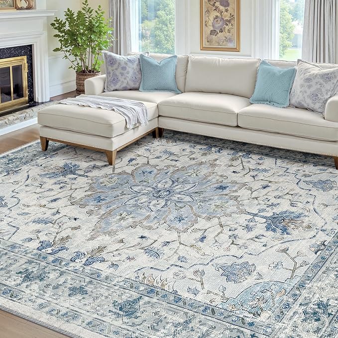 Area Rugs 7'x10' Washable Non-Slip, Floral Vintage Distress Print Pattern Medallion Carpet for Living Room Bedroom Dining Room, Light Blue Navy Beige Gray White