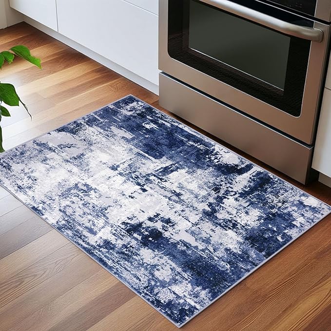 KOZYFLY Small Area Rug 2x3 Rug Entryway Rugs Indoor Non-Slip Modern Abstract Machine Washable Rug Navy Blue, Kitchen Mats for Floor Front Door Rug with Low Pile Small Carpet Floor Mats for Home