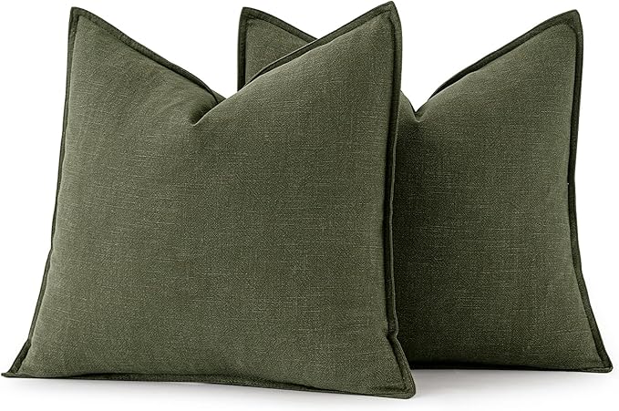 MIULEE Decorative Linen Pillow Covers 18x18 Inch Dark Olive Green Boho Farmhouse Neutral Spring Couch Throw Pillows for Bed Pack of 2 Accent Pillowcase Modern Sofa Cushion Livingroom Home Decor