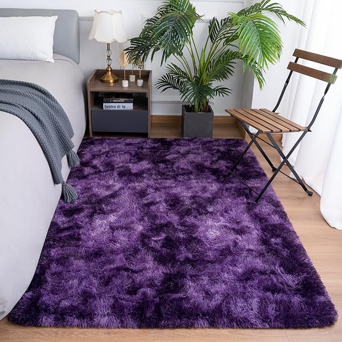 Goideal Fluffy Rug for Bedroom Living Room, 5x7 Purple Area Rugs, Faux Fur Shag Modern Carpet Ultra Soft Girls Boys Room Home Decor, Tie-Dyed