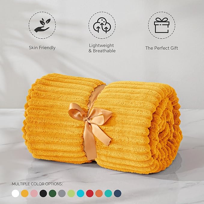 BEDELITE Fleece Blanket Twin Size – 3D Ribbed Jacquard Soft and Warm Decorative Fuzzy Blankets – Cozy, Fluffy, Plush Lightweight Throw Blankets for Couch, Bed, Sofa(Mustard Yellow, 60x80 inches)