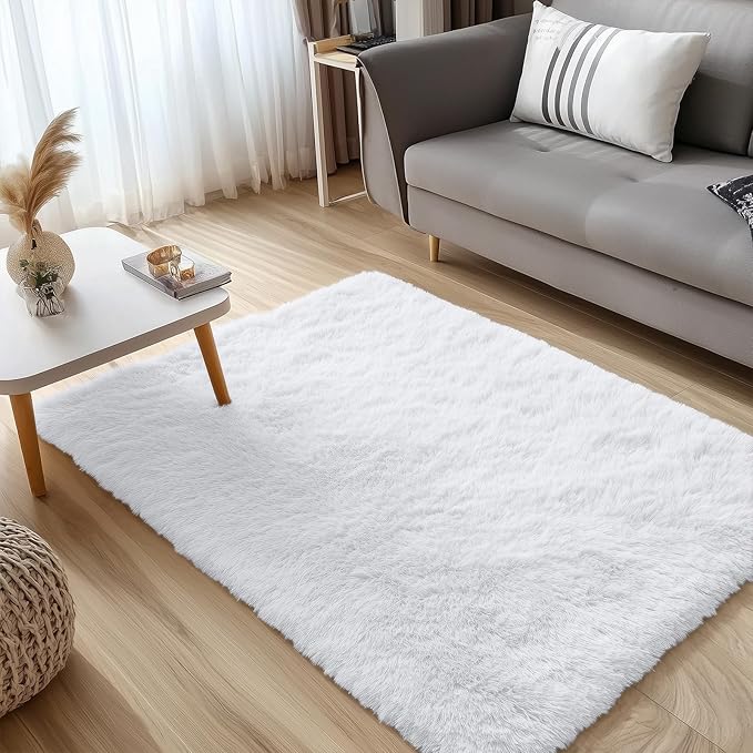 OLANLY 3x5 Machine Washable Small Bedside Rug, Soft Fluffy Shaggy Rugs for Living Room, Bedroom, Indoor Floor Carpet for Kids Girls and Boys, Preppy Dorms, Nursery, Home Decor Aesthetic, White
