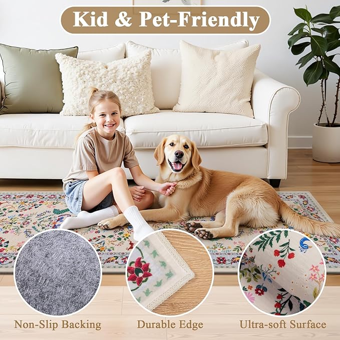HEBE Washable Hallway Runner Rug 2'x 6' Non Slip Kitchen Rugs Runner,Low Pile Entryway Rug Laundry Room Mat Floral Carpet Runners for Hallways, Kitchen,Bathroom,Laundry,Bedside Rug