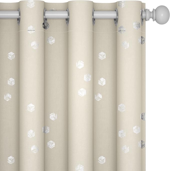Deconovo Designer Series Silver Cubic Print Room Darkening Curtains for Living Room Bedroom Sliding Glass Door, Light Beige, 52W x 95L Inches Long, 2 Panels
