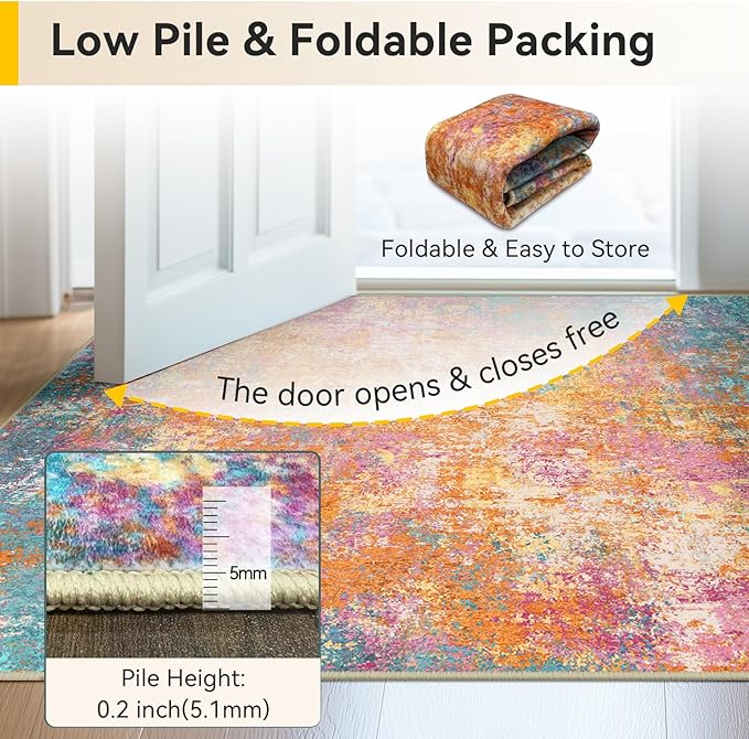 Washable Area Rugs 4'x6' Non-Slip Modern Abstract Soft for Living Room Entryway Bedroom Nursery, Print Pattern, Orange Blue Pink Yellow Colorful