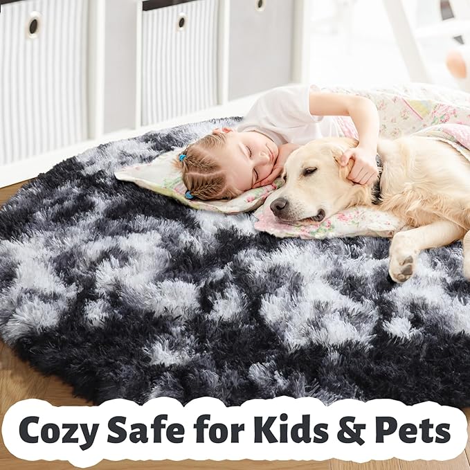 Amdrebio Black White Grey Round Rug 5Ft Circle Area Rugs for Living Room Bedroom, Fluffy Fuzzy Shaggy Furry Rugs for Kids Room Dorm Home Office, Shag Plush Floor Modern Cool Carpet for Men Teen Boys