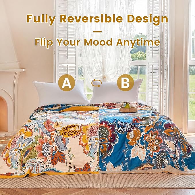 MSGKV Boho Throw Blanket 50"x60" Floral Cotton Blanket for Couch Sofa Spring Breathable Lightweight Farmhouse Blankets Home Decor Muslin All Seasons