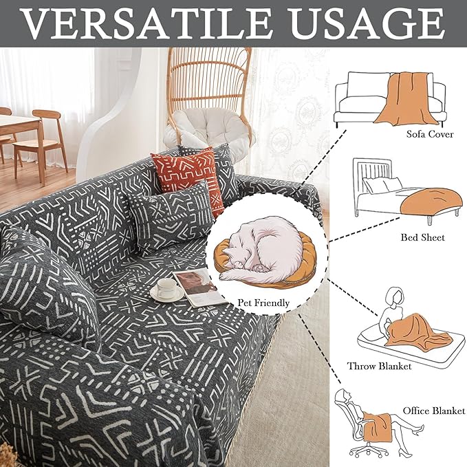 HANDONTIME Black White Boho Sofa Cover Geometric Farmhouse Tassel Couch Covers Boho Living Room Décor Dog Sofa Covers for Slipcover Aesthetic Couch Cushion Cover Couch Protector for Dogs, 71" X134"
