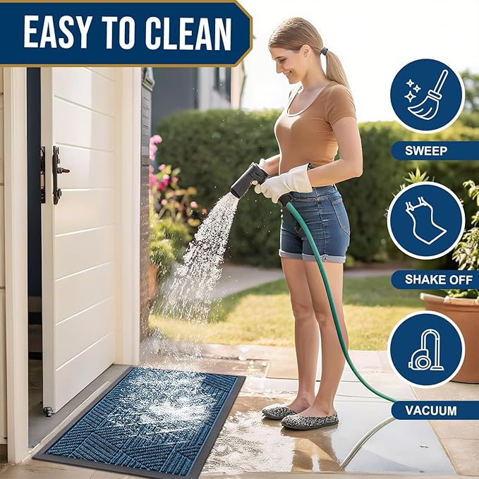 Smiry Front Door Mat Outside Entrance, Heavy Duty Sturdy Natural Rubber Doormat, Trap Dirt and Moisture, Easy Clean Low Profile Mats for Indoor Outdoor Entry, Irregular Triangle (47x32, Mixed Blue)
