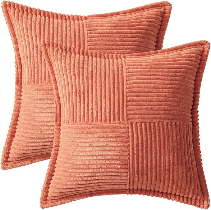 MIULEE Decorative Throw Pillow Covers for Couch Bed Livingroom 20x20 Inch Set of 2 Coral Red Boho Accent Throw Pllows Broadside Striped Patchwork Soft Corduroy Summer Pillowcases