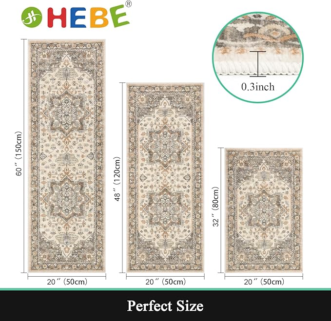 HEBE Boho Kitchen Rug Sets 3 Piece with Runner Non Slip Kitchen Rugs and Mats Washable Kitchen Mats for Floor Thick Kitchen Floor Mat Carpet Runner Rugs for Hallway Laundry Holiday Decor