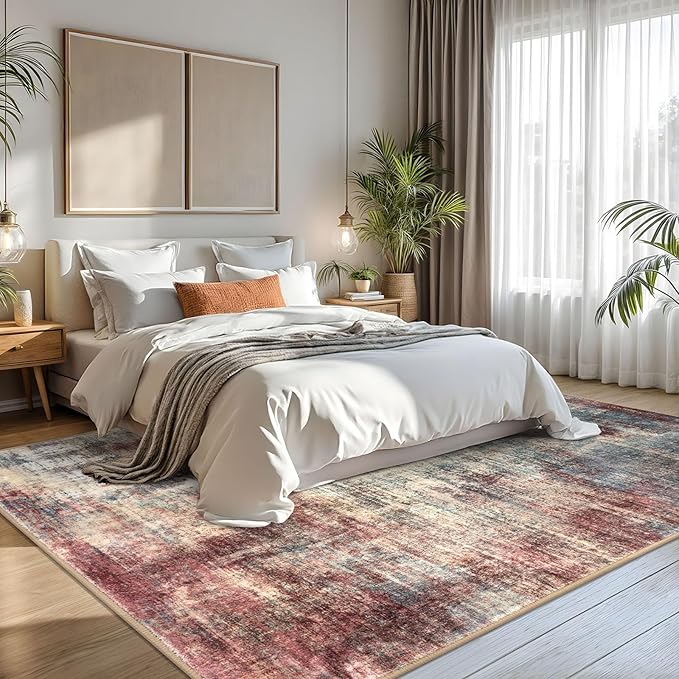 IOHOUZE Abstract Area Rugs 8x10 Ft Washable Large Rugs for Living Room, Non Slip Dining Room Rug, Printed Faux Wool Rugs for Bedroom, Floor Carpet for Office Nursery Playroom, Red/Multi