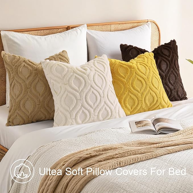decorUhome Summer Throw Pillow Covers 26x26 Inch Set of 2, Soft Plush Faux Wool Mustard Yellow Solid Couch Pillow Covers, Accent Euro Sham Farmhouse Square Pillow Cases for Sofa Bed Living Room