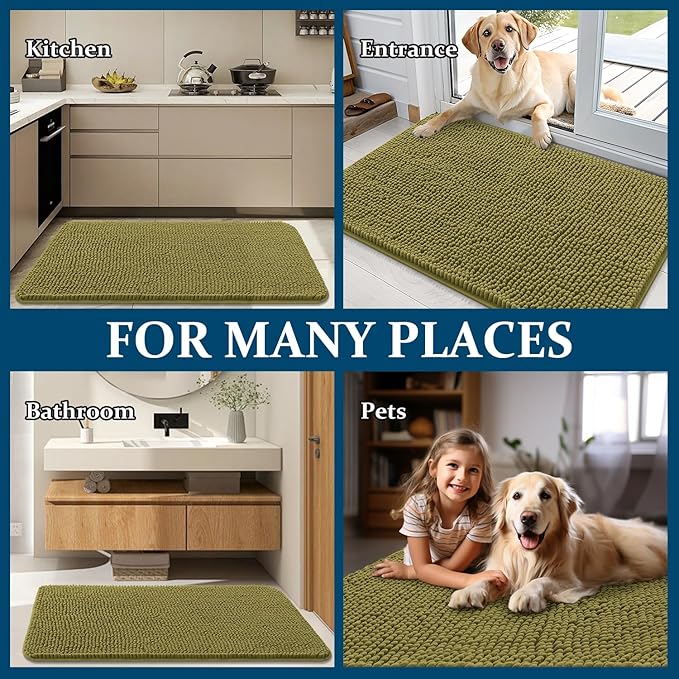 OLANLY Dog Door Mat for Muddy Paws 47x20, Absorbs Moisture and Dirt, Absorbent Non-Slip Washable Doormat, Quick Dry Chenille Mud Mat, Entry Indoor Entryway Carpet for Inside Floor, Willow Green