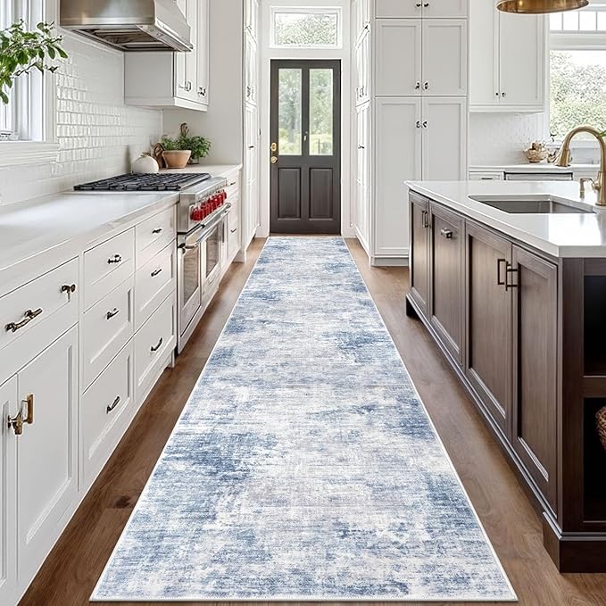 IOHOUZE Abstract Runner Rug 3x18 Ft Washable Runners for Hallways, Non Slip Kitchen Runner Printed Faux Wool Entryway Runner Indoor, Modern Abstract Floor Carpet for Hall Stair, Light Blue Grey