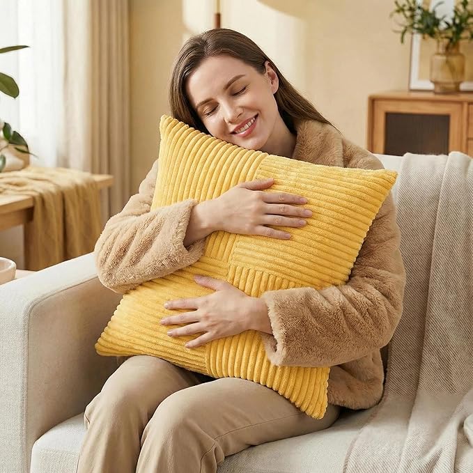 Fancy Homi 2 Packs Yellow Decorative Throw Pillow Covers 16x16 Inch for Living Room Couch Bed, Rustic Farmhouse Boho Home Decor, Soft Corss Patchwork Corduroy Textured Square Cushion Case 40x40 cm