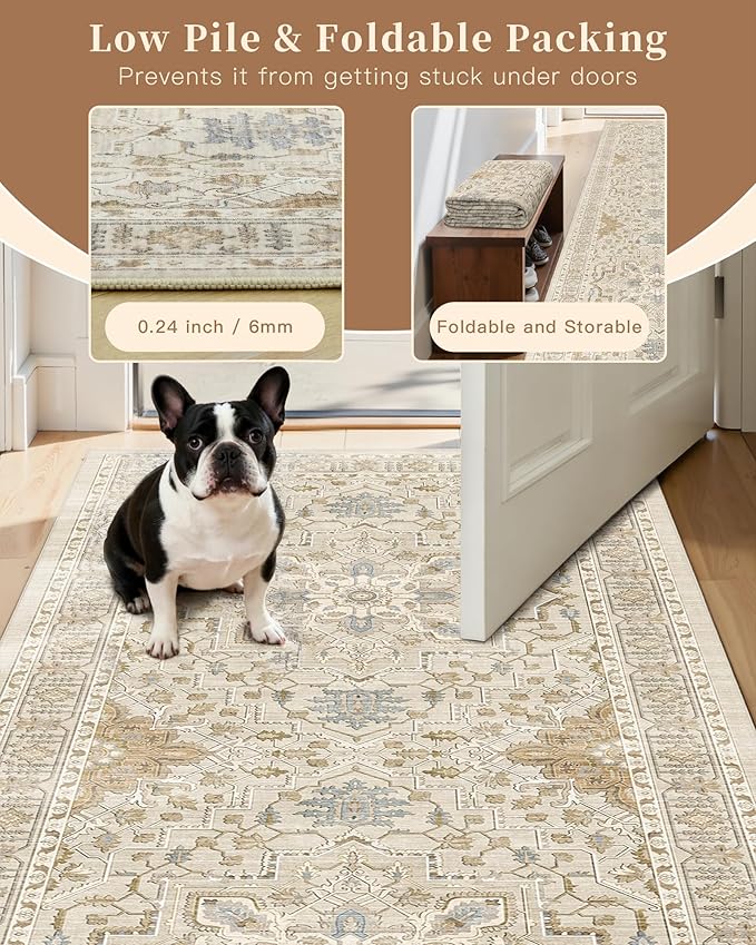 Madane Hallway Runner Rug 2'6''x12', Non Slip Vintage 12ft Runners for Hallways Washable Kitchen Rugs Soft Low Pile 2.5x12 ft Rug Runner for Laundry Room, Entryway and Bedroom, Beige/Blue