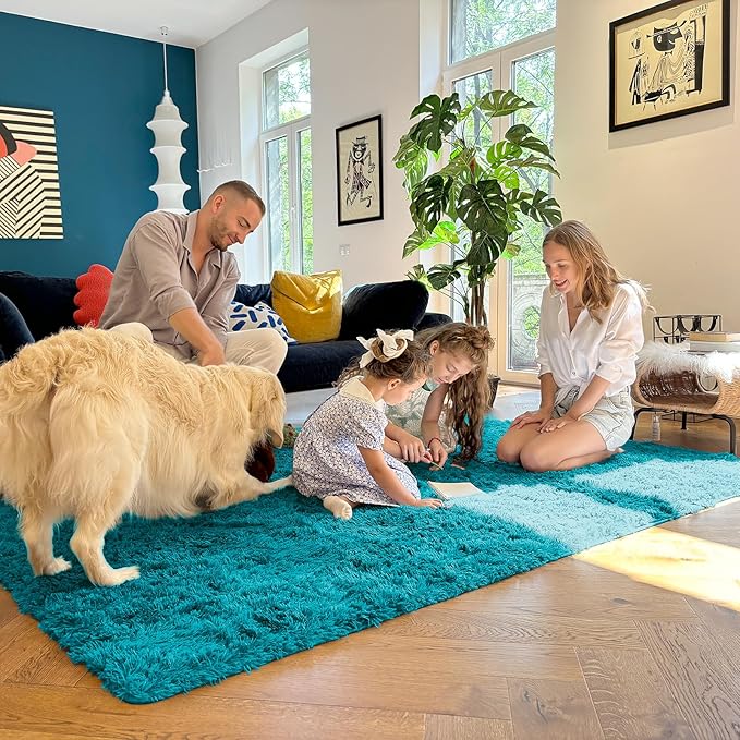 OLANLY 8x10 Machine Washable Large Area Rugs for Living Room, Bedroom, Soft Fluffy Shaggy Bedside Rug, Indoor Floor Carpet for Kids Girls and Boys, Dorms, Nursery, Home Decor Aesthetic, Teal