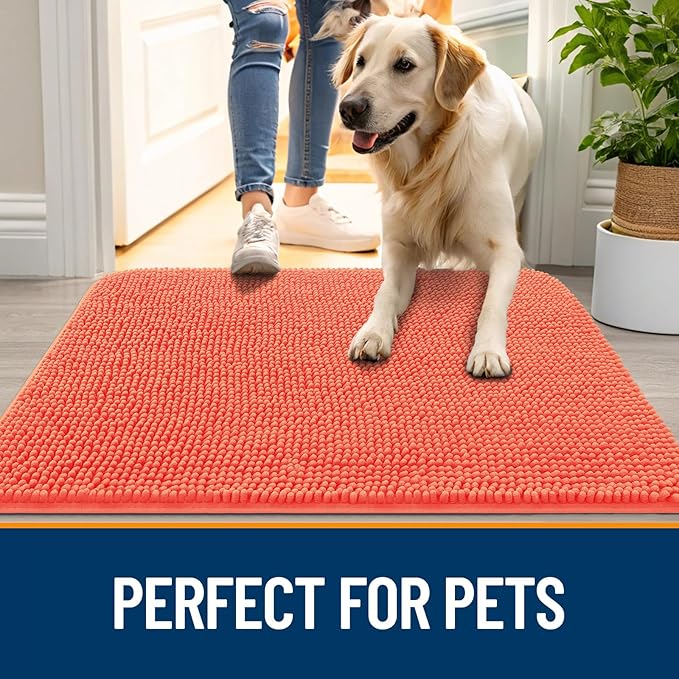 OLANLY Dog Door Mat for Muddy Paws 35x24, Absorbs Moisture and Dirt, Absorbent Non-Slip Washable Doormat, Quick Dry Chenille Mud Mat for Dogs, Entry Indoor Entryway Carpet for Inside Floor, Coral