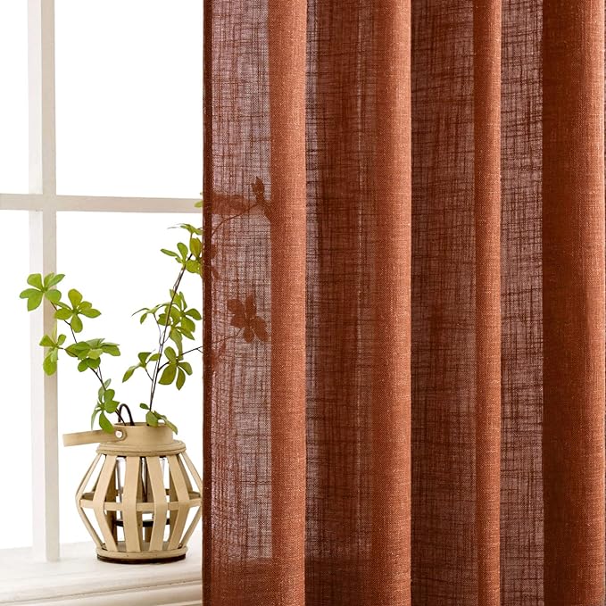 MIULEE Burnt Orange Linen Curtains 84 Inch Length for Bedroom Living Room, Soft Thick Linen Textured Window Drapes Terracotta Rust Boho Fall Decor Semi Sheer Light Filtering Back Tab 2 Panels