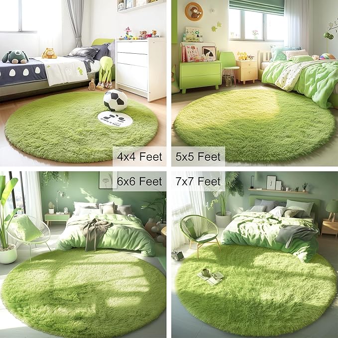 OLANLY Grass Green Round Rugs for Bedroom - Machine Washable, 7 ft Circle Area Rugs for Living Room, Soft and Fluffy Shaggy Carpet for Teen Girls and Boys, Nursery Rooms, Dorms, Home Decor Aesthetic