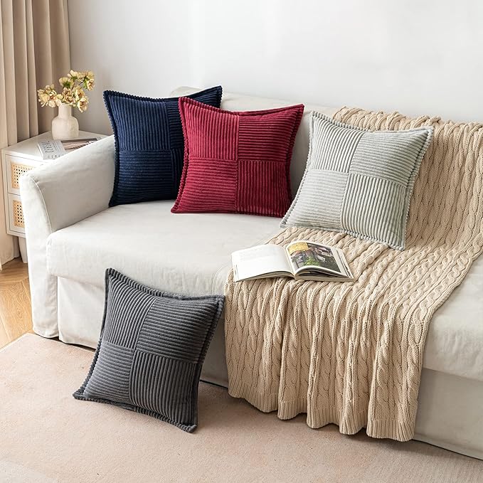 MIULEE Decorative Throw Pillow Covers for Couch Bed Livingroom 18x18 Inch Set of 2 Light Grey Boho Accent Throw Pllows Broadside Striped Patchwork Soft Corduroy Pillowcases