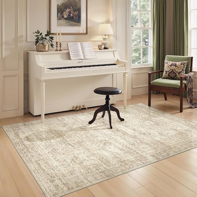 3x5 Washable Area Rug for Entryway, Soft Kitchen Rugs Non Slip for Dining Room, Vintage Abstract Living Room Rug, Thin Area Rugs Indoor for Bedroom, Kids Room Decor(3'x5', Beige/Ivory)