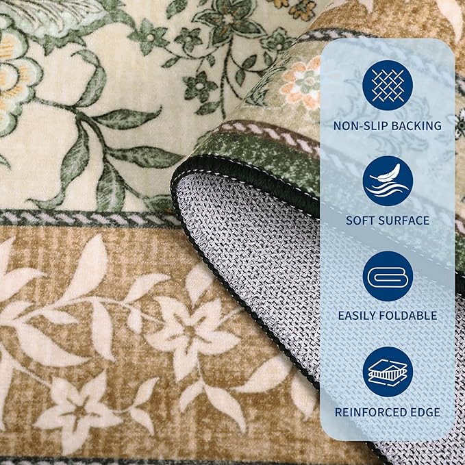 GarveeHome Terracotta Olive Sage Green 2x6 Washable Kitchen Runner Rugs Non Slip Provence Botanical Grove Vintage Boho Cottage Long Rug for Hallways Bedroom TPE Rubber Backing