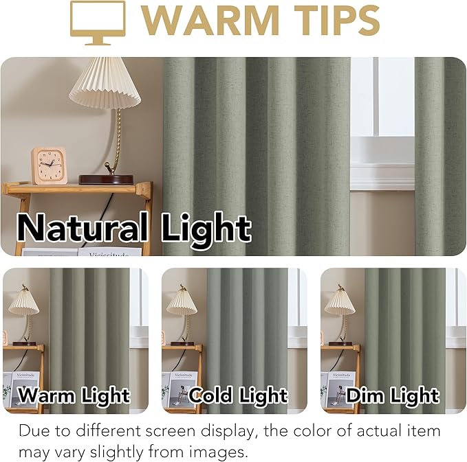 H.VERSAILTEX Linen Curtains 100% Blackout Curtains for Bedroom 63 inch Long Full Light Blocking Nature Linen Blended Window Curtains for Living Room Nickel Grommet (2 Panels, Heathered Dried Sage)