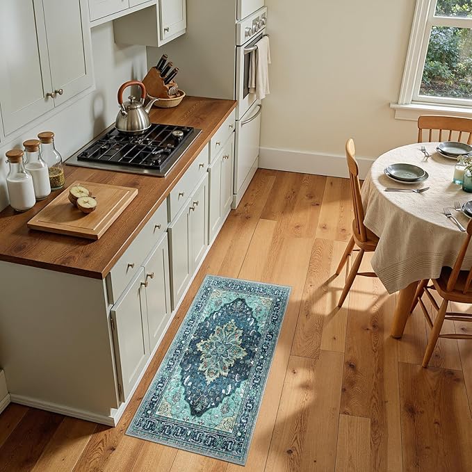 RELEANY Area Rugs 2'x4' Kitchen Rugs Entry Rug Small Rugs for Entryway Kitchen Bathroom Door Mat Indoor Entrance,Washable Non Slip, Teal Green Lake Blue Turquoise