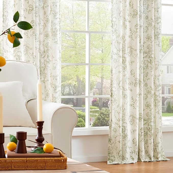 jinchan Linen Blend Floral Curtains for Living Room 84 Inch Length Farmhouse Printed Curtain Rod Pocket Back Tab Sage Green Peony Flower Patterned Drapes Bedroom Curtains Set 2 Panels