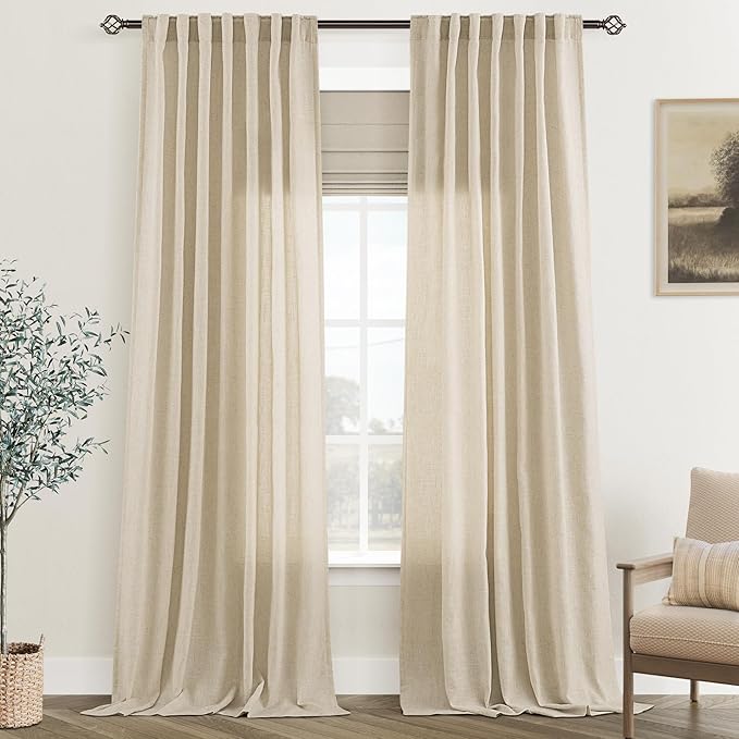 Greyish Beige Linen Curtain 90 inch Length 2 Panels Set Back Tab Light Filtering Living Room Curtain Drapes Home Office Modern Minimalist Decor Farmhouse Boho Neutral Semi Sheer Curtain 90 inch Long