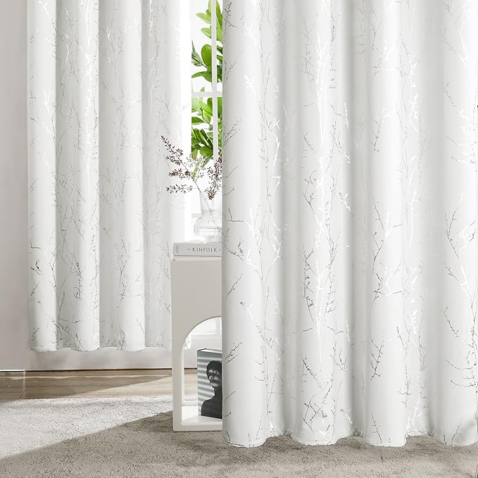 Deconovo White Curtains 72 Inches Long, Room Darkening Curtain, Thermal Insulated Soundproof Drapes, Silver Print, Grommet Top, Light Blocking Window Panels for Living Room Bedroom Nursery, Set of 2