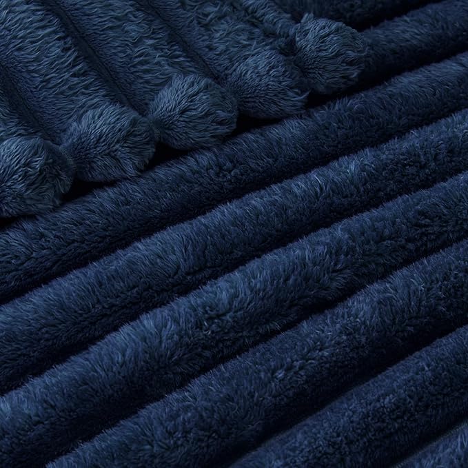 Exclusivo Mezcla California King Size Flannel Fleece Blanket, Super Soft Striped Jacquard Bed Oversized Blanket, Lightweight Fuzzy Cozy for All Seasons, 120x120 Inches, Navy Blue