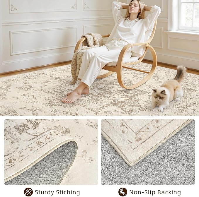 5x7 Area Rugs for Living Room: Vintage Boho Neutral Washable Rug Indoor Soft Large Area Rug Carpet for Bedroom Nursery Farmhouse Dining Room Office Floor Non-Slip Low Pile Under Table Rug Beige/Ivory