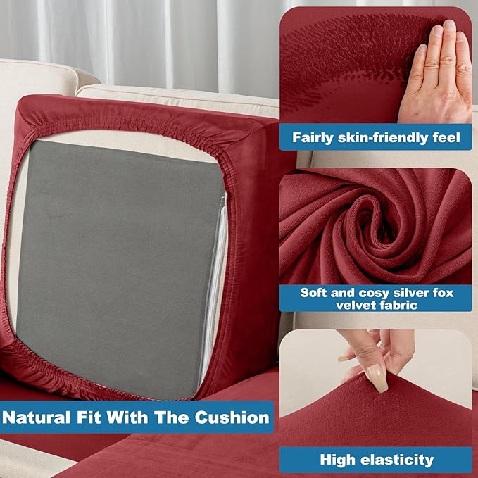 Couch Cover Stretch Velvet Sofa Cushion Cover 3-Piece - Elastic Washable Slipcover for Seat or Backrest, Couch Seat Covers for Sofas (Christmas Red)